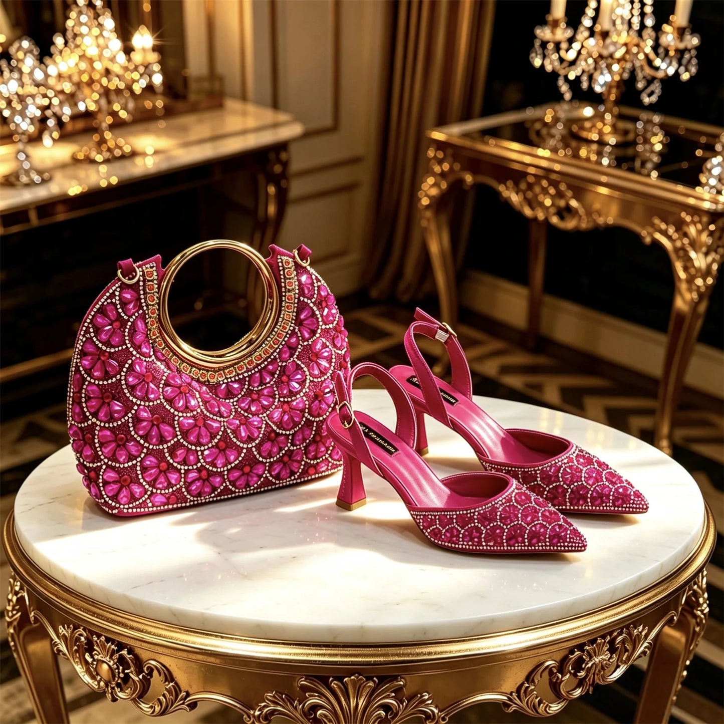 2026 INS Italian Design Elegant Fuchsia Rhinestone Pointed Toe High Heels with Matching Handbag Set - Perfect for Weddings