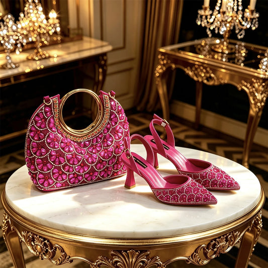 2026 INS Italian Design Elegant Fuchsia Rhinestone Pointed Toe High Heels with Matching Handbag Set - Perfect for Weddings