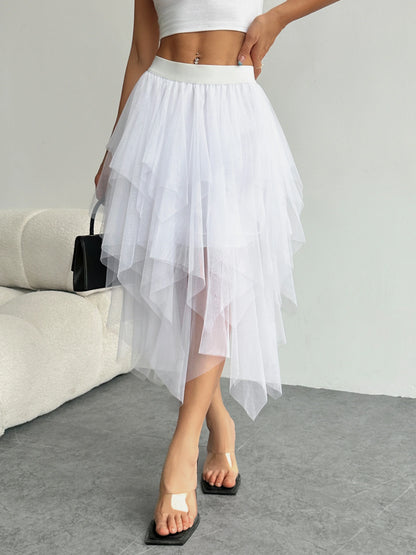 Ladies' high waisted elastic waist layered chiffon midi skirt with irregular asymmetric hem party casual mesh fairy ballet skirt