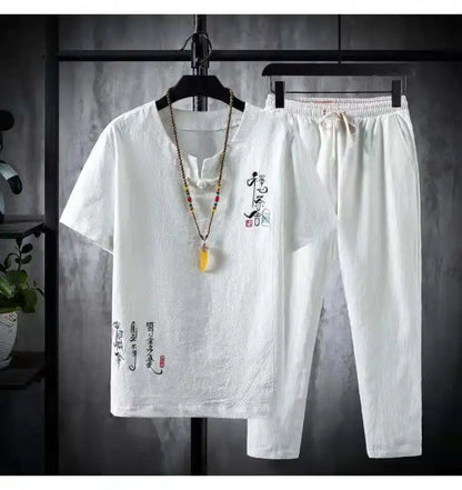 (Shirt + trousers)2025 summer Chinese Style men shirt Cotton and linen shirts men's High quality casual shirts Two Piece M-5XL