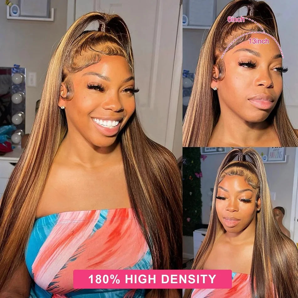 Highlight Straight Human Hair Wigs Brazilian Honey Brown Colored 13x4 Lace Front Wigs Preplucked 13X6 Lace Frontal Wigs