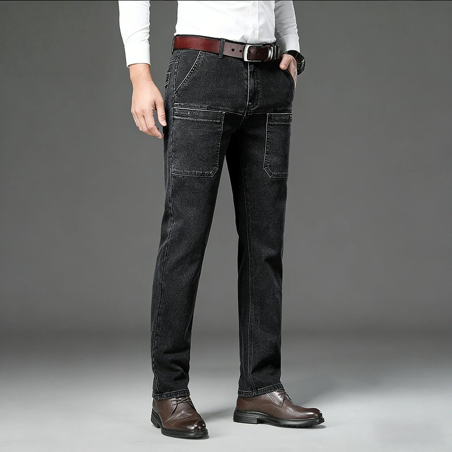 Men's retro workwear jeans, slim fit straight leg with multiple pockets, micro elastic versatile casual pants