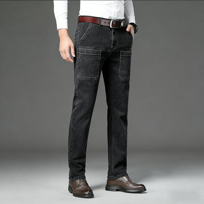 Men's retro workwear jeans, slim fit straight leg with multiple pockets, micro elastic versatile casual pants