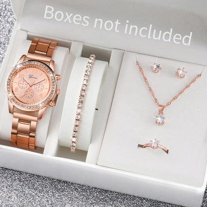 6PCS/Set Fashion Rhinestone Women Watches Analog Quartz Wrist Watch Jewelry Set Reloj Mujer（Without Box）