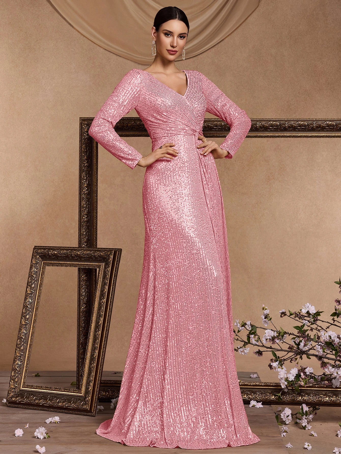Vestidos de Festa Longos Rosas de Luxo com Decote em V para Mulheres Elegantes, Maxi Vestido de Festa com Lantejoulas e Mangas Longas, Vestidos de Baile e Coquetel