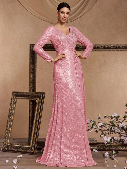Vestidos de Festa Longos Rosas de Luxo com Decote em V para Mulheres Elegantes, Maxi Vestido de Festa com Lantejoulas e Mangas Longas, Vestidos de Baile e Coquetel