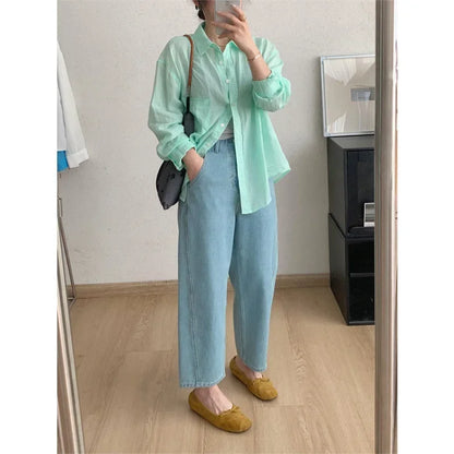 2024 Pear-Shaped Body Harajuku Jeans Women's Summer Thin Plus Size High-Waisted Banana Milk Latex Cropped Pants