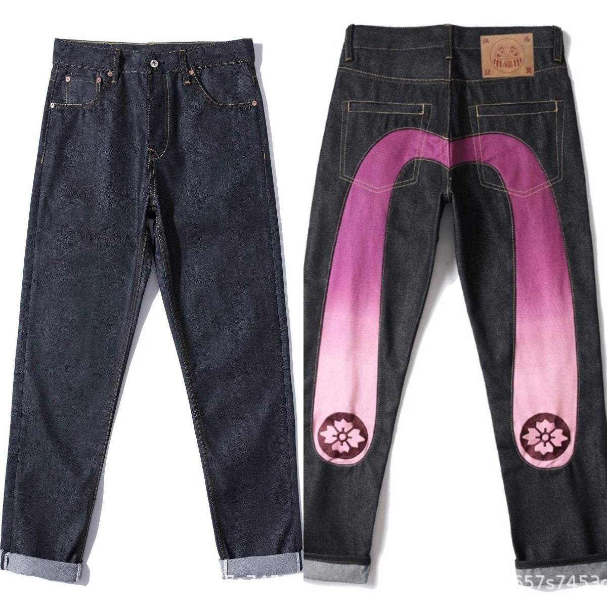 Men's Japanese Handmade Embroidered Jeans Pure Cotton Straight Tube Hip-Hop Popular Slim Red Ears Show Thin Trousers Devil Black