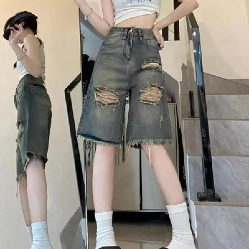 Women's Denim Capris Distressed Fringe Straight Cut Jeans