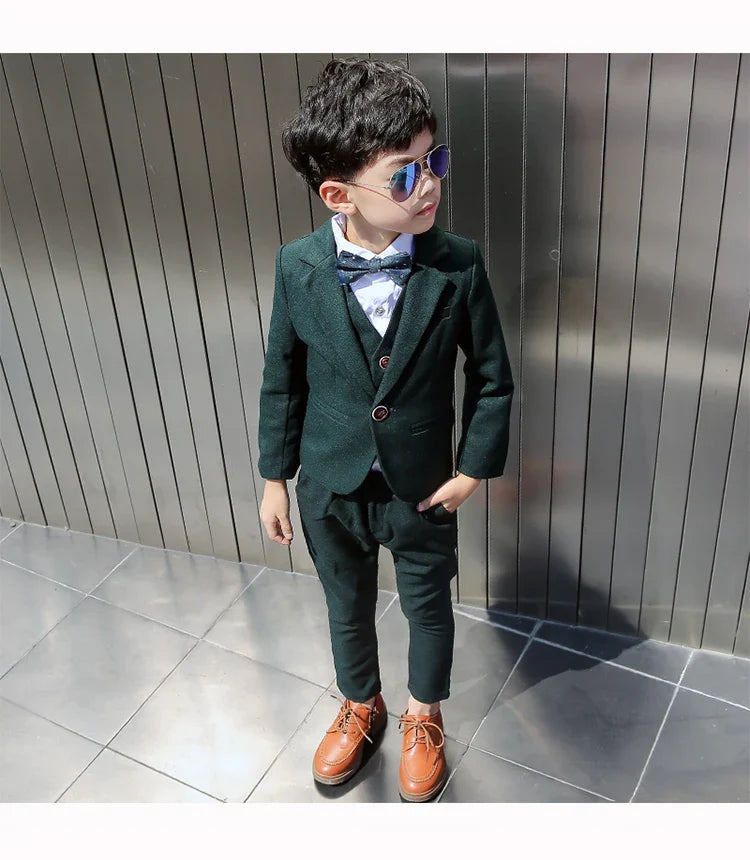 Boys Dark Green Formal Wedding Party Suit Children Blazer Vest Pants Tie 4 PCS Tuxedo Kids Performance Photography Dress Costume