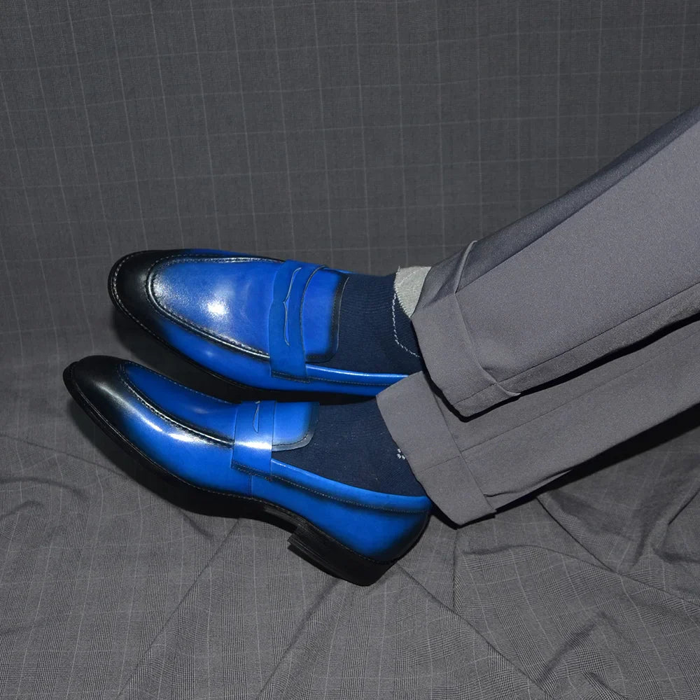 Luxury Brand Slip-On Men's Dress Shoes Genuine Leather Italian Penny Loafers Brown Blue Black Wedding Party Formal Footwear Male