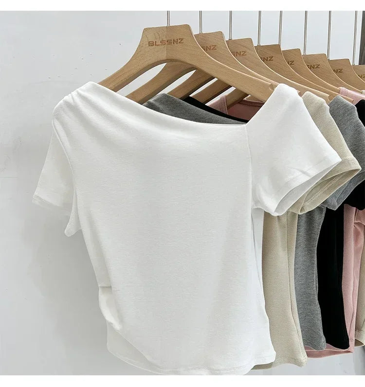 Womens Long Sleeve Off Shoulder T Shirts 2026 Tight Knit Sexy Slim Fitted Casual Women's Basic Tops Cropped T-Shirt
