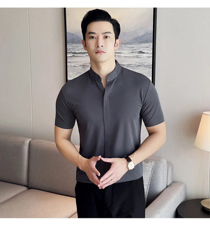 Men's High Elastic V-neck Polo Shirt, Thin Short-sleeve T-shirt, Business Casual Men's Top, 2024 High Quality, M-4XL.
