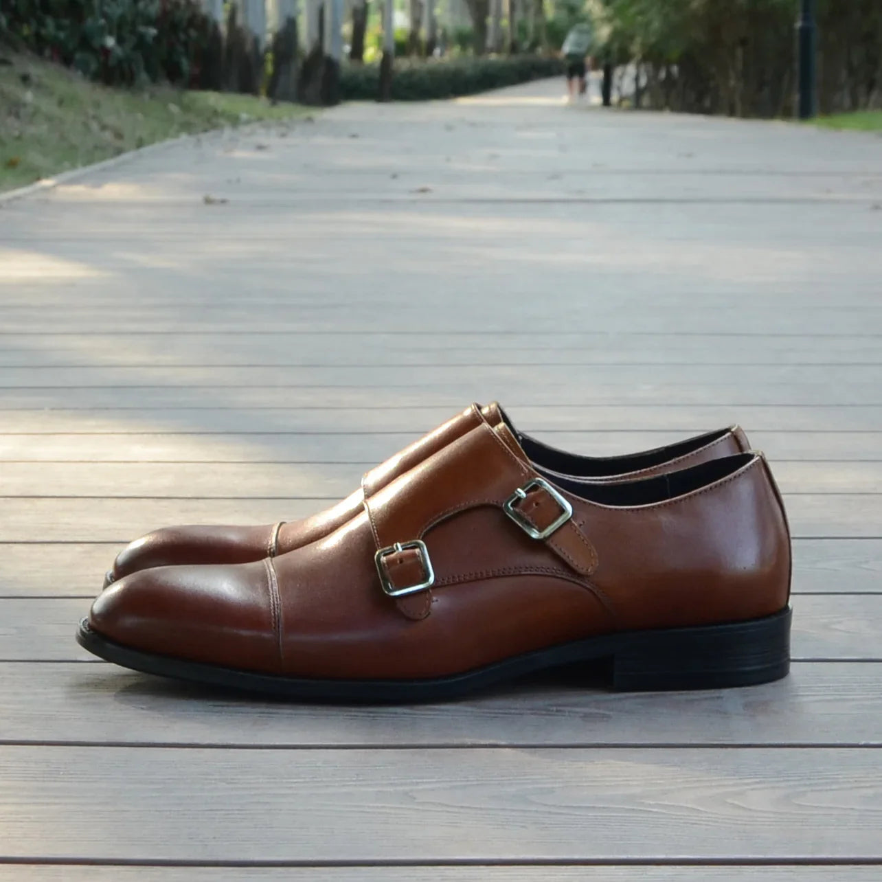 Luxury Men's Wedding Formal Shoes Genuine Leather Pure Brown Black Double Buckle Monk Strap Cap Toe Business Office Dress Shoes