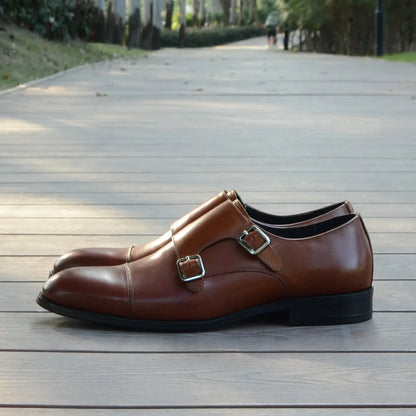 Luxury Men's Wedding Formal Shoes Genuine Leather Pure Brown Black Double Buckle Monk Strap Cap Toe Business Office Dress Shoes