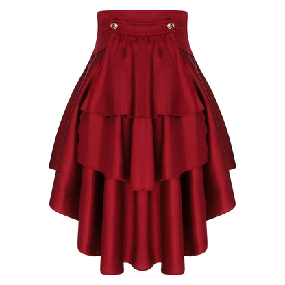 Womens Gothic Steampunk Satiny Pirate Skirt Front Lace-up Tiered Ruffled Irregular Hem Skirt Waist Belt Vintage Medieval Costume