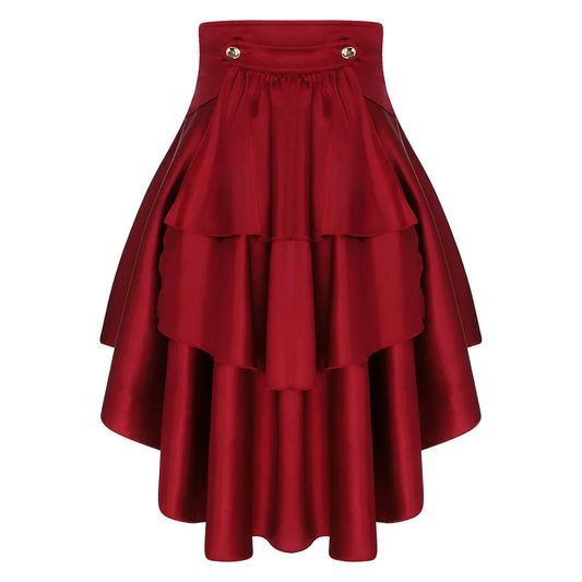 Womens Gothic Steampunk Satiny Pirate Skirt Front Lace-up Tiered Ruffled Irregular Hem Skirt Waist Belt Vintage Medieval Costume
