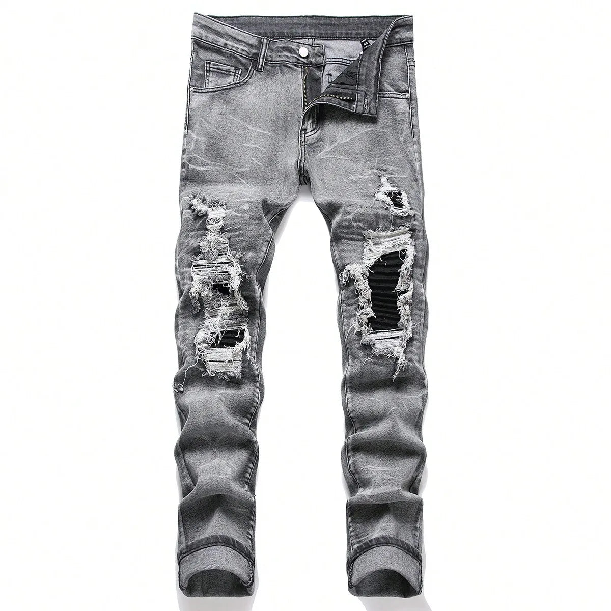 Calça Jeans Masculina Elástica Streetwear Rasgada Patchwork com Furos Calça Casual com Elástico na Cintura Jeans Destruído Slim Reta