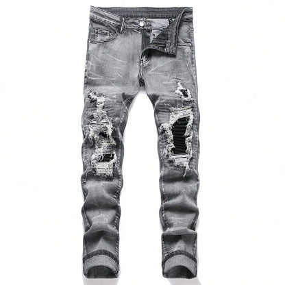 Calça Jeans Masculina Elástica Streetwear Rasgada Patchwork com Furos Calça Casual com Elástico na Cintura Jeans Destruído Slim Reta