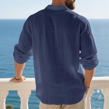 Linen shirt stand-up collar button-down men's loose casual breathable V-neck long-sleeved polo shirt
