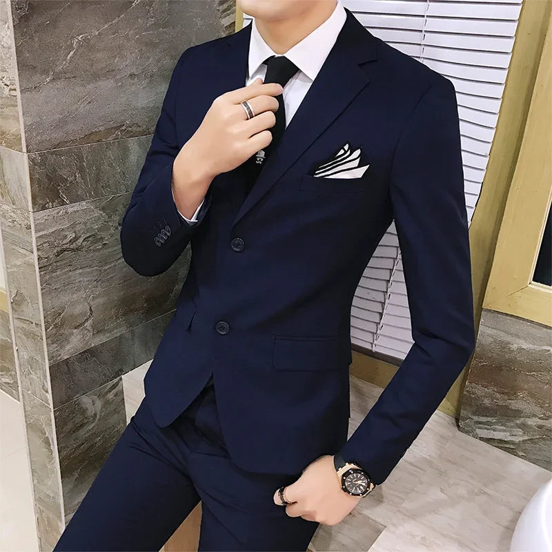 Suit (Blazer+vest+pants) Men's Fashion Business Korean Version of Solid Color Slim-fit Wedding Professional Gentleman Dress 6XL