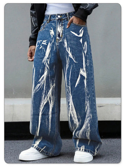 Four Season Men's Baggy Straight Wide-Leg Jeans Personalized Design Tie Dye Denim Pants Baggy Unisex Daily Casual Men's Clothes
