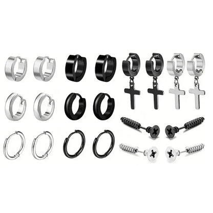 Simple Stainless Steel Zircon Stud Earrings For Men, Cross Pendant Hoop Earrings For Daily Wear