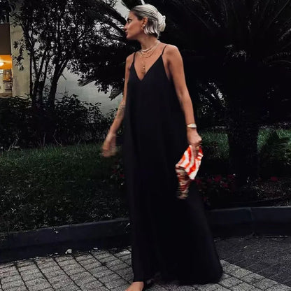 Women's Slip Dress Summer Green Red Black Dress Casual V-Neck Backless Long Dresses Sleeveless Vestidos Resort Dresses