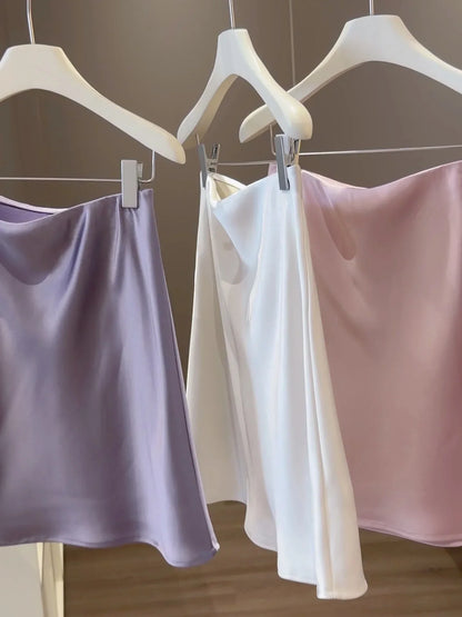 High-waisted Satin Skirts Women Summer 2026 French  Slim Simple A-line Skirt Female Elegant Korean Style Mini Skirt for Women