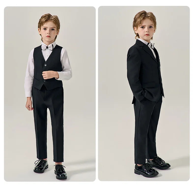 Boys Dark Green Jakcet Vest Pants Bowtie Evening Party Dress Children Wedding Photograph Suit Kids Ceremony Performance Costume