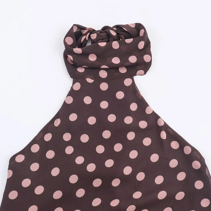 Women's Summer New Polka Dot Hanging Neck High Neck Top With Lace Up Design Lady Sleeveless Backless Sexy High Street Vest Top