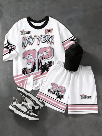 Fashiona Number Digital Printed Jersey Boy Short Sleeve Loose Fit Shorts and T-Shirt Set Sporty Outdoor Quick Drying 2pc Boy Set