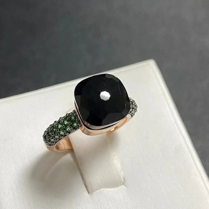 Emerald Ring for Women Green Zircon Inlay Rose Gold & Black Gun Plated 30 Colors Candy Crystal Style Jewelry Birthday Gift