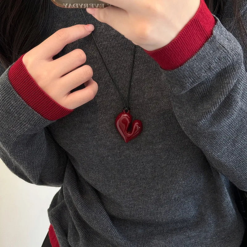 Red Heart Pendant Necklace Vintage 80s Aesthetic Love Inspired Choker New Fashion Romantic Heart Necklace for Women