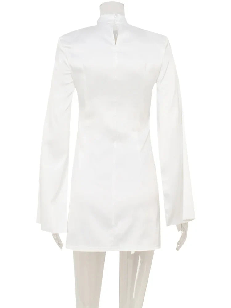 Mini Dresses For Women Solid Long Flare Sleeves Turtleneck Sheath Satin Fashion Split Party Slim Fit Female Robe