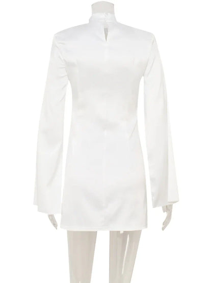 Mini Dresses For Women Solid Long Flare Sleeves Turtleneck Sheath Satin Fashion Split Party Slim Fit Female Robe
