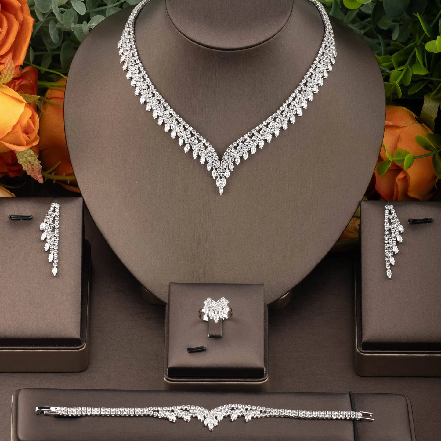 Leaf Water Drop 4pcs Necklace Pendant Set for Women Cubic Zirconia Dubia Nigeria Bridal Wedding Jewelry Set Bijoux S-351