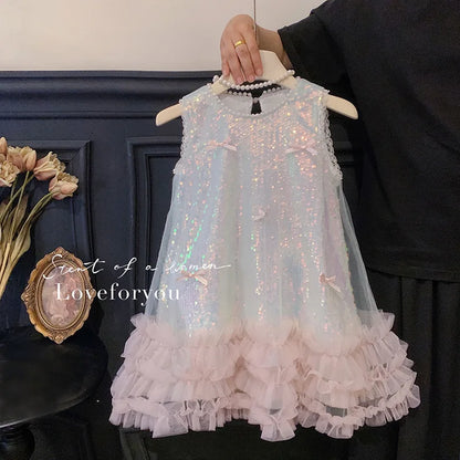 Kids Girls Fairy Princess Dress Sleeveless Bow Sequined Cake Dress Children Puffy Skirt Birthday Party Vest Tulle Dresses