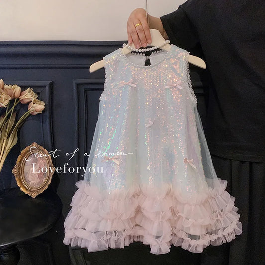 Kids Girls Fairy Princess Dress Sleeveless Bow Sequined Cake Dress Children Puffy Skirt Birthday Party Vest Tulle Dresses