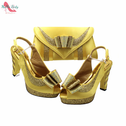 Fashion Pretty Peep Toe African Women Shoes Matching Bag Set in Silver Color Elegant Style Platform Sandals for Party
