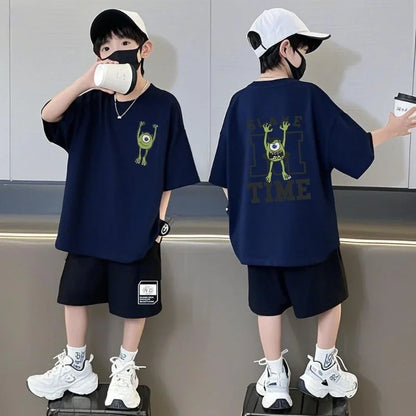 Summer Kids Boys T-Shirt+Shorts 2-Piece Set Printing Children Teen Loose Comfortable Sports Casual Clothes 7-17 Years Old
