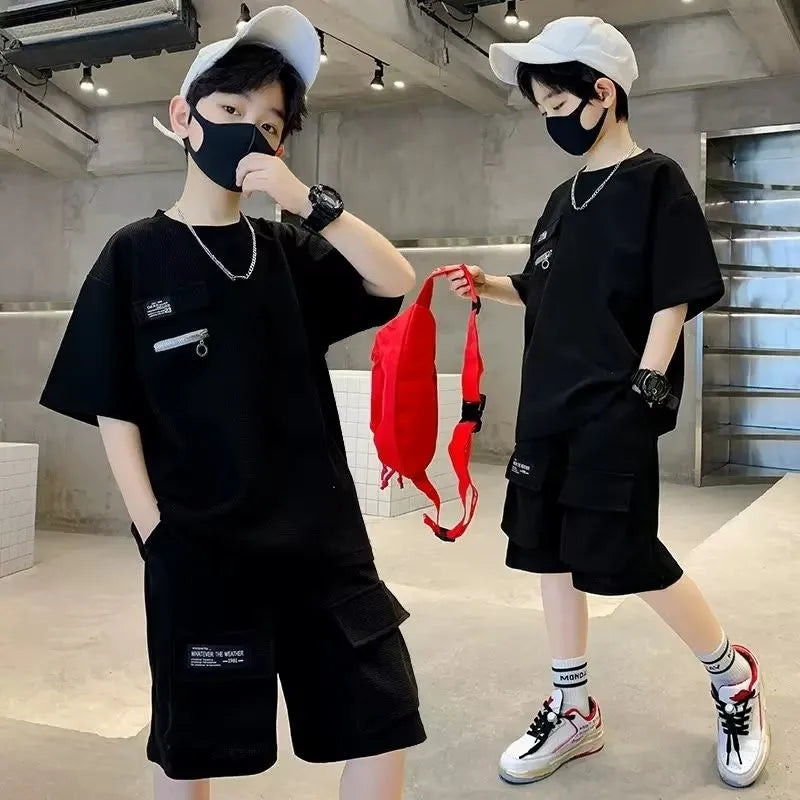 Summer Kids Boys T-Shirt+Shorts 2-Piece Set Letter Printing New Children Teen Loose Comfortable Sports Casual Clothes For 4-14 Y