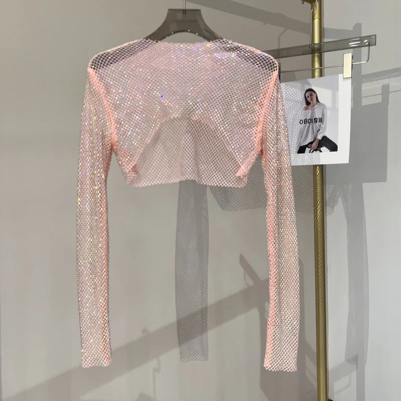 new sexy bright diamond short top Slim thin Ms. hot drill long-sleeved T-shirt sexy leak waist nightclub