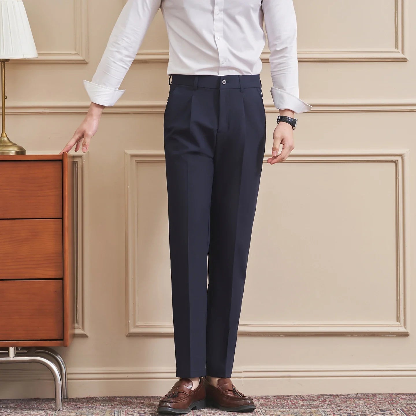 High Quality Men's Business Casual Slim-Fitting Suit Pants, Classic Solid Color Straight Work Trousers