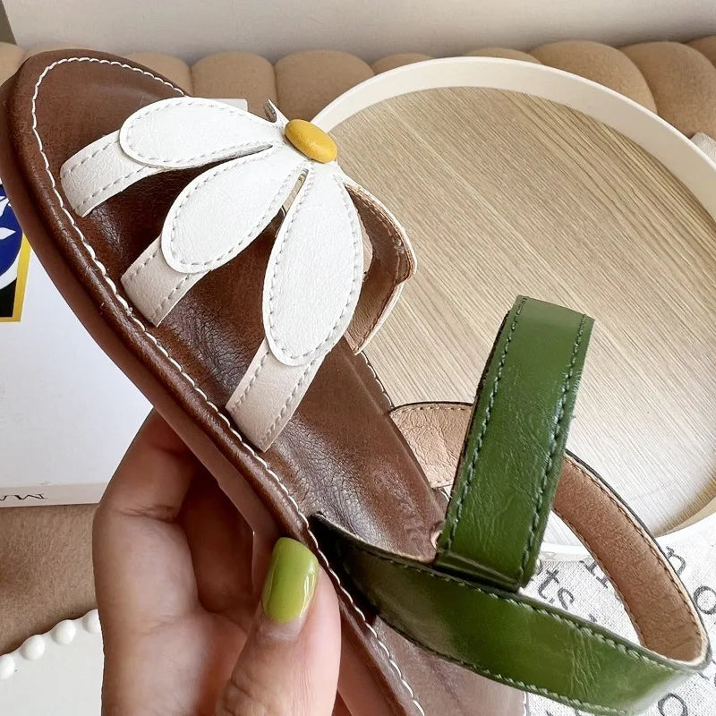 Girl's Sandals Hollow-out Solid Fashion Color Flower Leather Kids Sliders Open Toe Light Sweet Hook-loop Summer Children Shoe