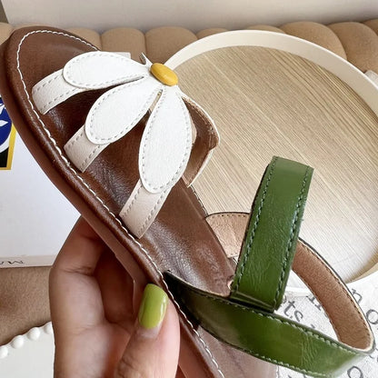 Girl's Sandals Hollow-out Solid Fashion Color Flower Leather Kids Sliders Open Toe Light Sweet Hook-loop Summer Children Shoe