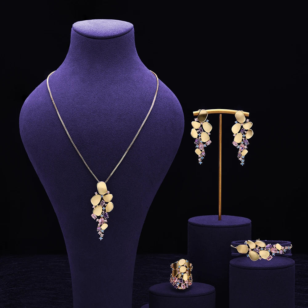 Trendy Link Chain Pendant Necklace Earring Set Gold Plated Cubic Zirconia Jewelry Sets Dubai Nigeria Women Wedding Accessories