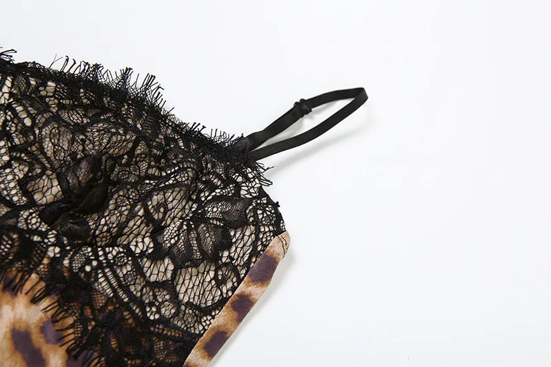 Patchwork Printed Leopard Lace Women Mini Dress Spaghetti Strap High Waist Dress Summer Slim Elegant Party Club Dress