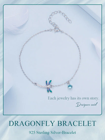 925 Sterling Silver Green and Blue Enamel Dragonfly Bracelet Insect Chain Link for Women Pave Setting CZ Fine Jewelry