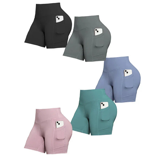 Solid Color Women Shorts with Pockets Butt Lifting Workout Cycling Tights Outdoor Jogging Shorts Fashion Streetwear